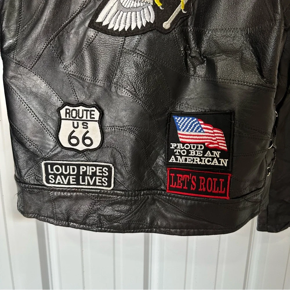 Vintage Mens Diamond Plate Buffalo Motorcycle Black Leather Patch Jacket Medium - Picture 2 of 10